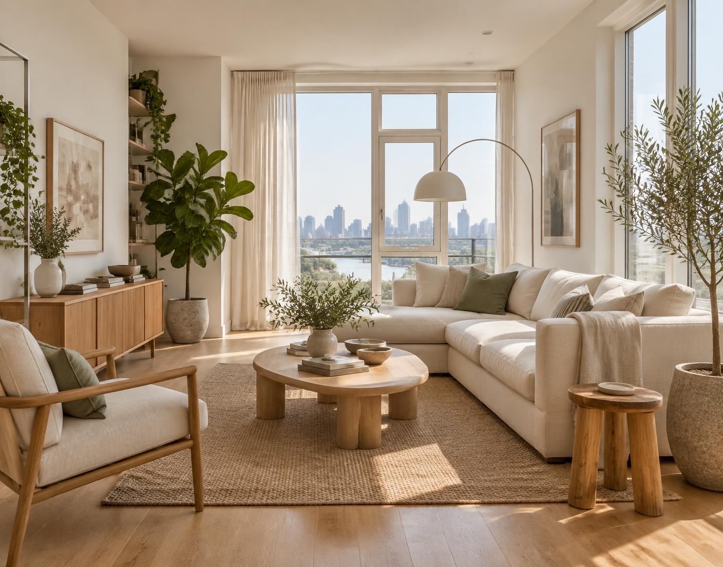 Sunlit apartment living room with plants and warm wood floors